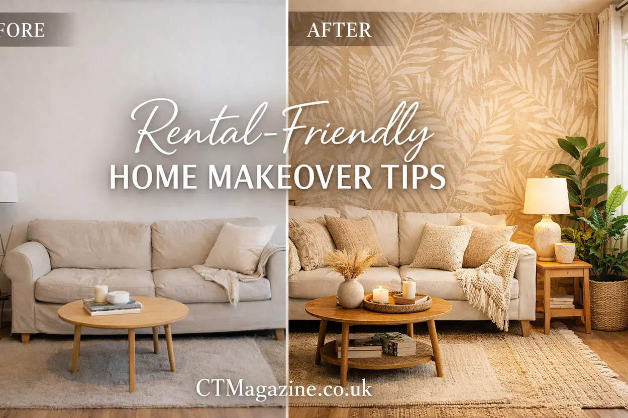 Before-and-after rental apartment makeover with cozy decor, wallpaper, plants