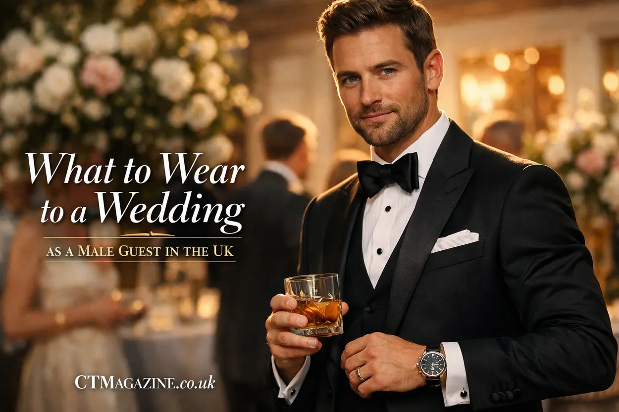 Elegant male guest in a black tuxedo at a British wedding, holding a drink in warm golden light with blurred guests and floral background.
