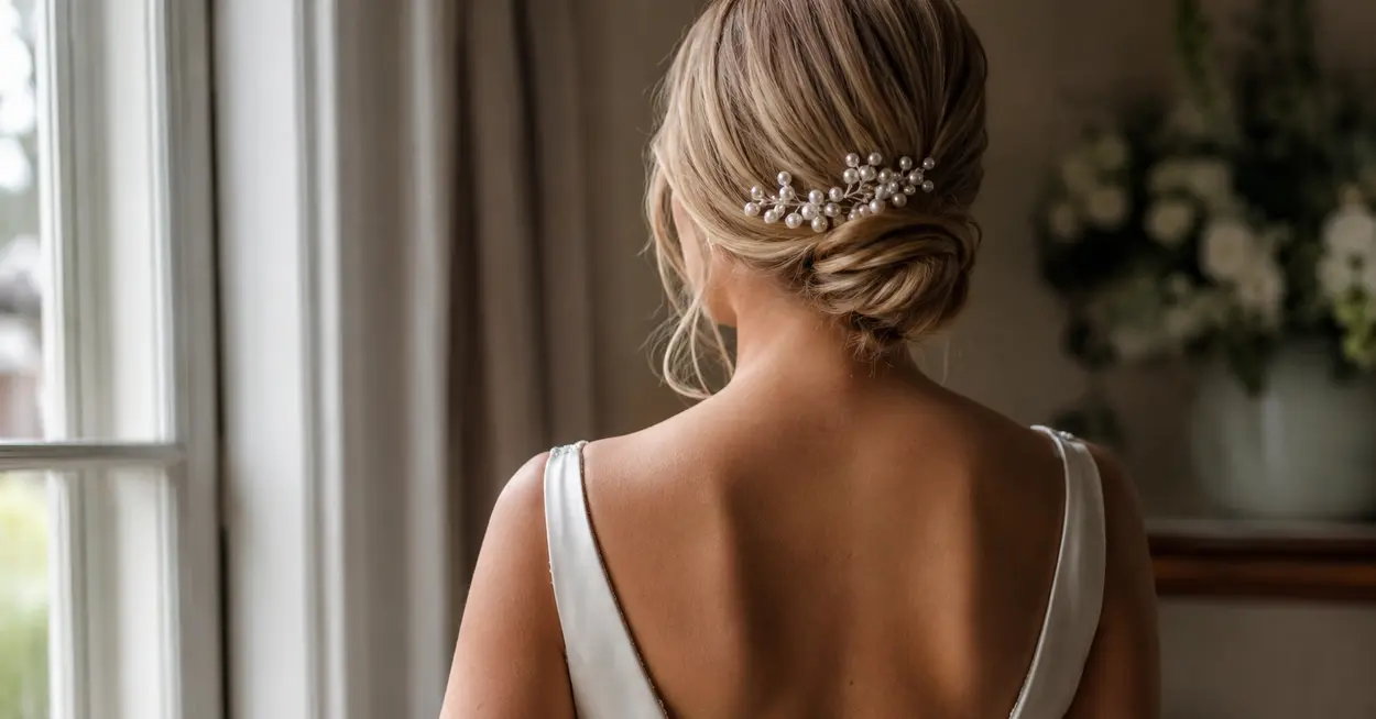 Bridal hair accessories including pearls crystals bows and floral pieces for wedding hairstyles