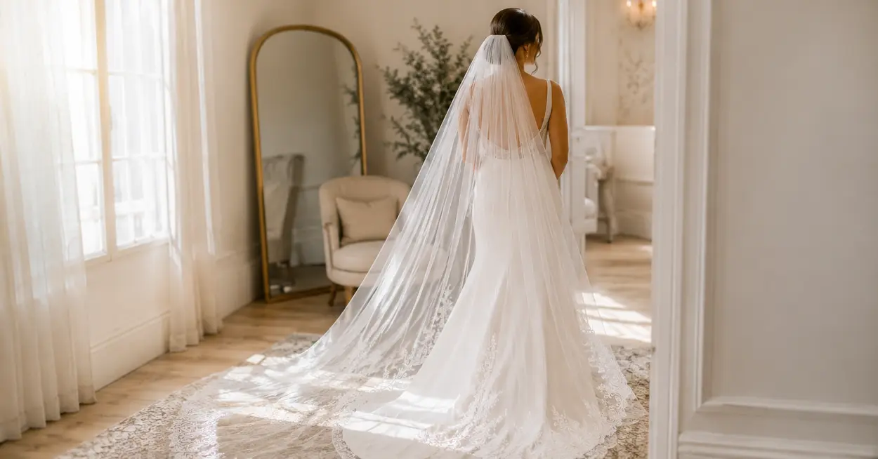 Bride selecting the perfect wedding veil to complement her wedding dress and bridal style