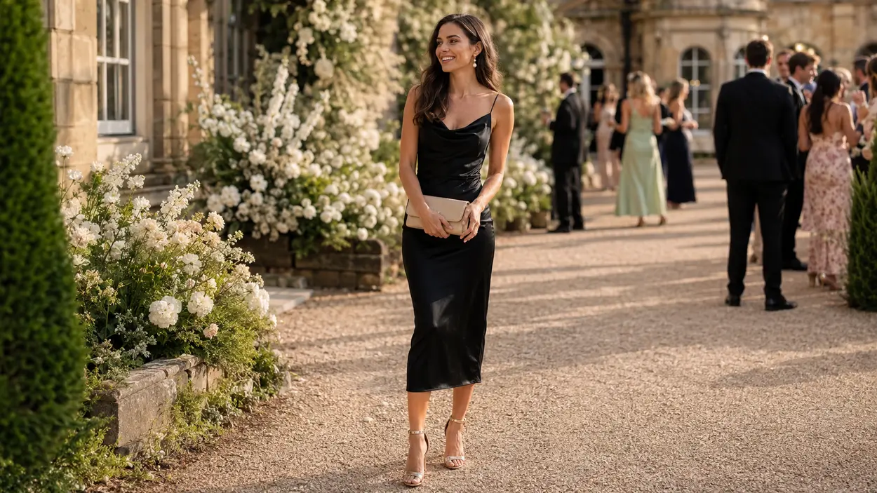 Elegant woman wearing a sophisticated black wedding guest dress at a modern UK wedding