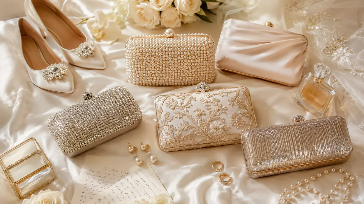 Bridal clutch bags for UK brides in 2026 featuring elegant pearl, satin and embellished wedding clutch styles for modern bridal accessories.