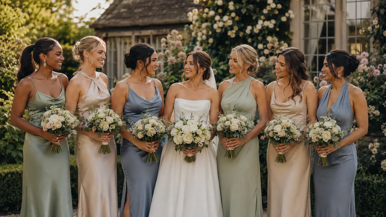 Modern bridesmaid dresses in trending colours and elegant styles chosen by UK brides for 2026 weddings.