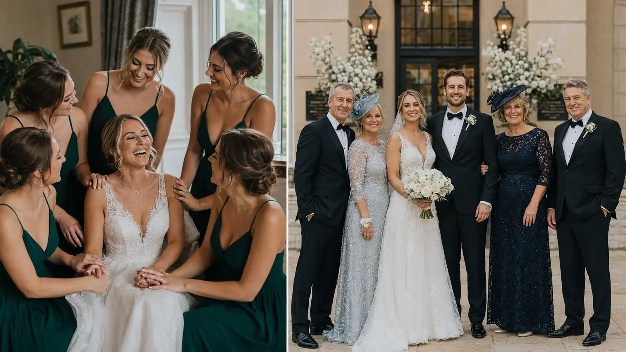 Comparison of candid vs traditional wedding photography styles featuring natural moments and classic posed wedding portraits.