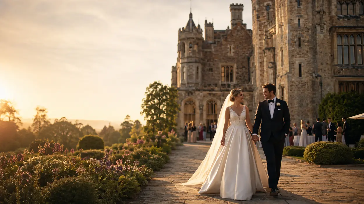 Romantic historic castle wedding venue in the UK decorated for an elegant wedding celebration