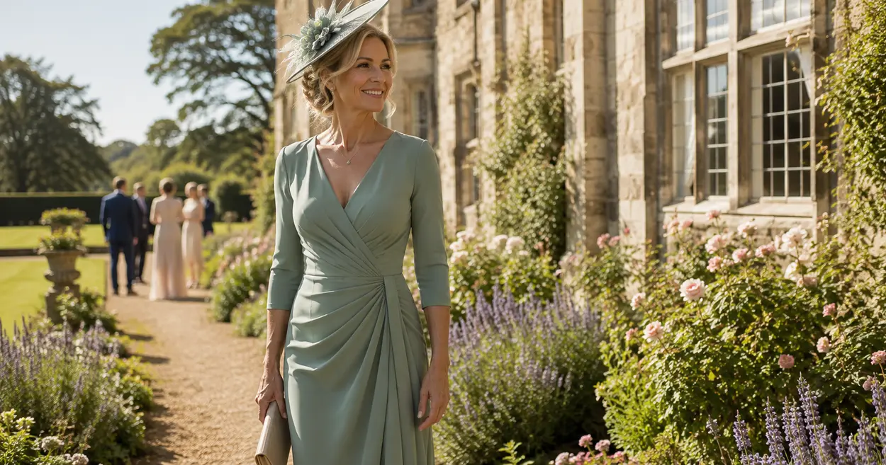 Elegant woman over 40 wearing a chic summer wedding guest dress at a UK wedding venue