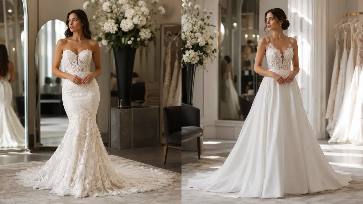 Bride comparing mermaid and A-line wedding dresses to choose the perfect bridal silhouette