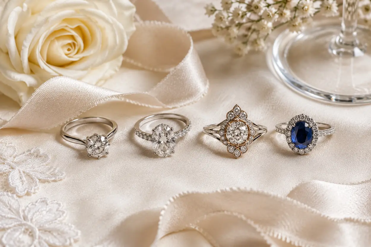 Modern luxury bridal jewellery editorial featuring elegant engagement rings, diamond earrings and bridal accessories for UK brides in 2026.