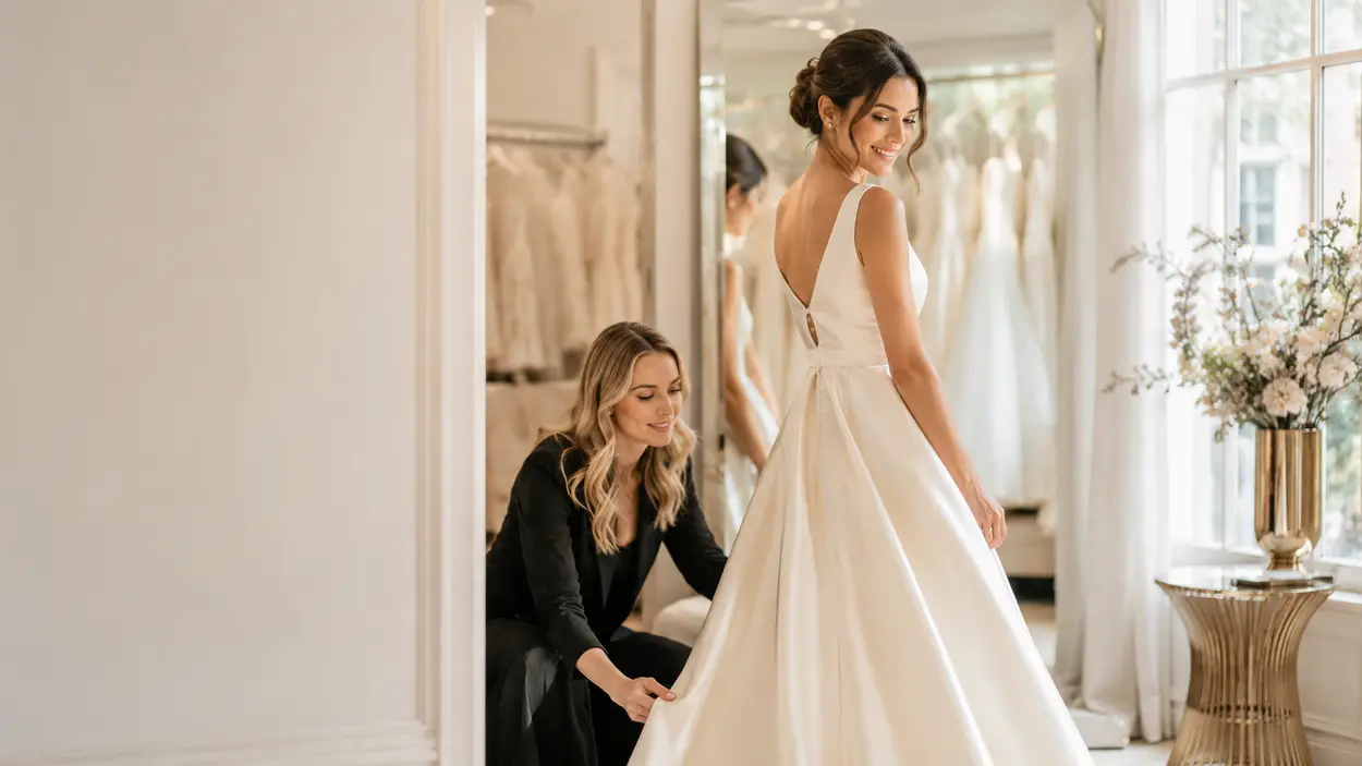 First-time bride following a complete wedding dress shopping checklist at a bridal boutique