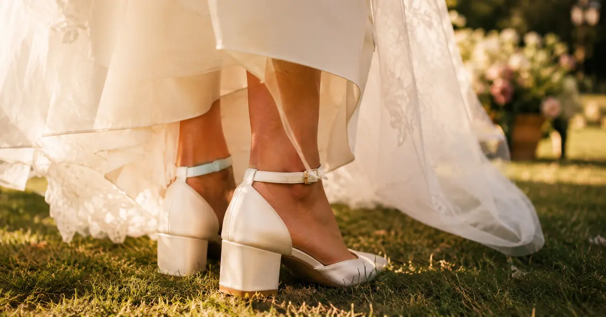 Elegant collection of wedding shoes for UK brides in 2026 featuring bridal heels, flats, block heels and modern bridal footwear styles.