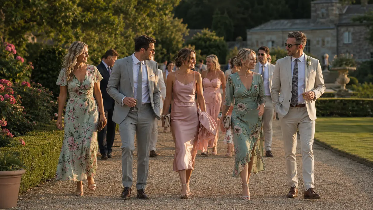 Stylish UK summer wedding guest outfits for 2026 featuring elegant dresses, lightweight fabrics, and seasonal colours