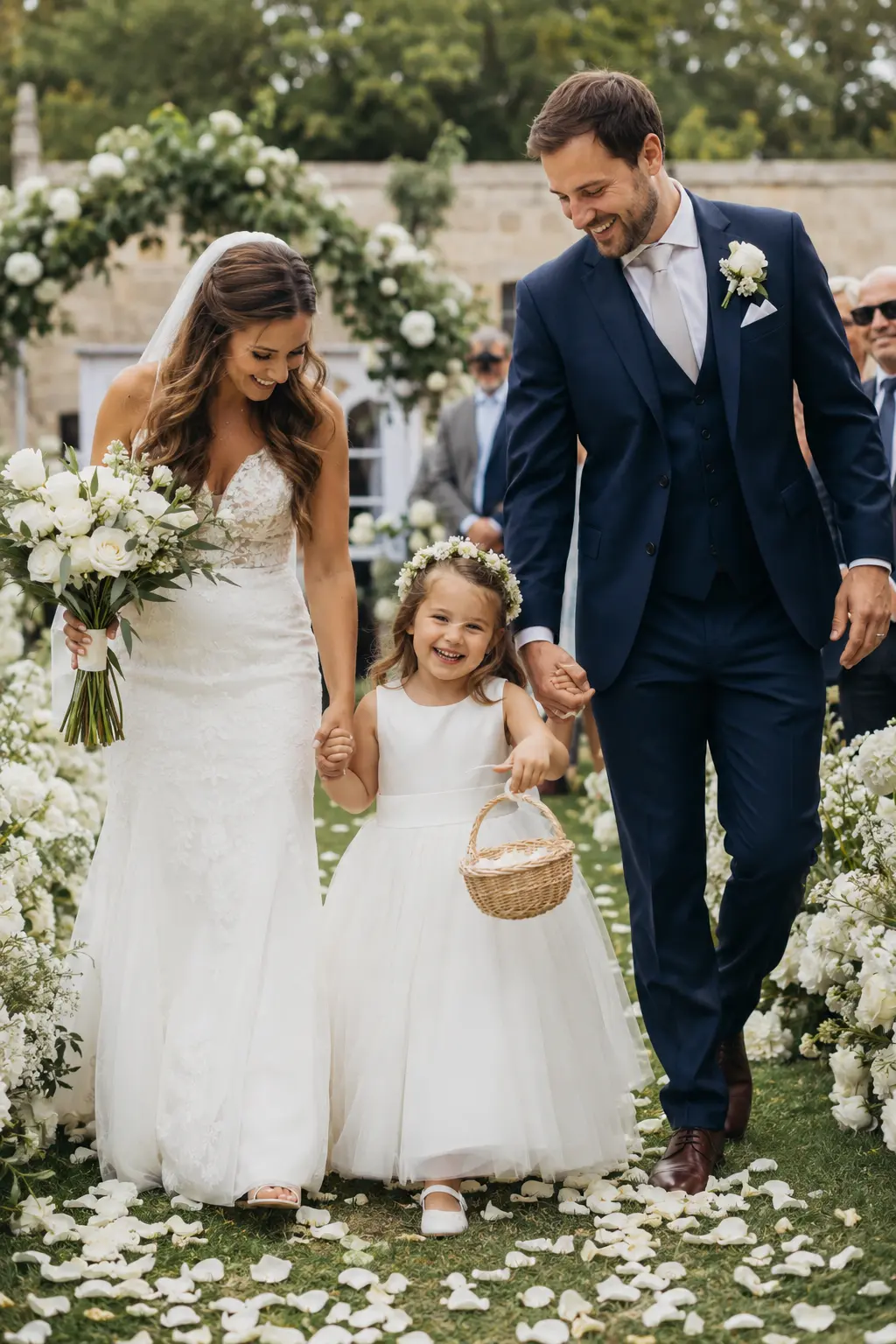 Elegant flower girl outfit featuring a timeless dress, comfortable shoes and matching accessories for a UK wedding.